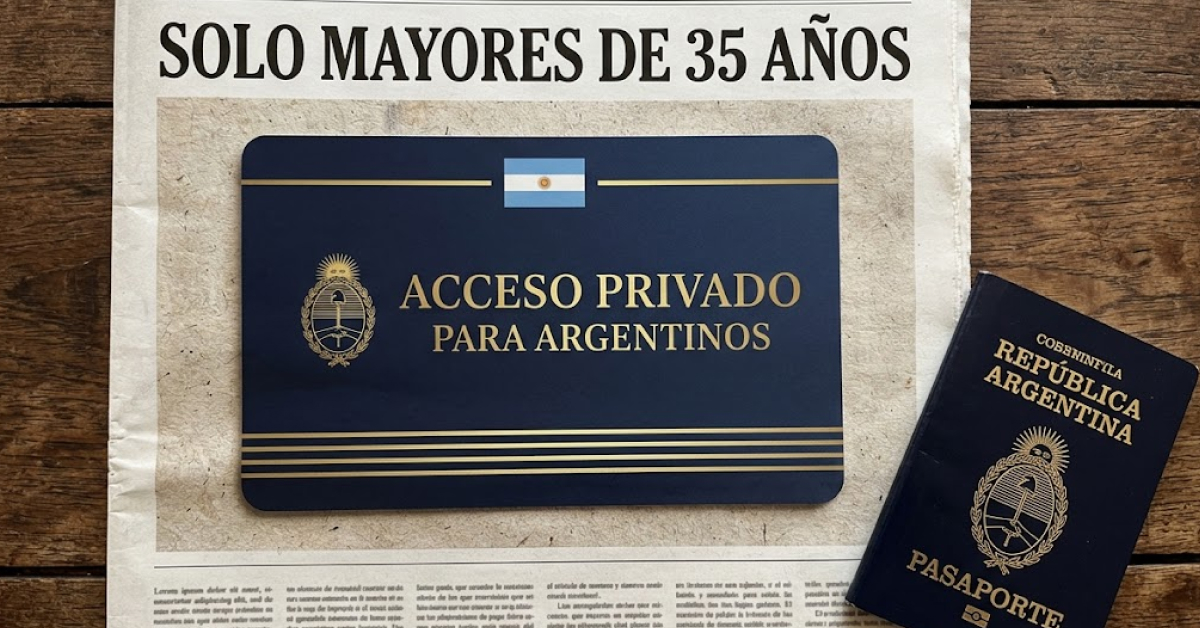 Advertisement creative showing a navy card reading acceso privado para argentinos beside a passport, on a mocked-up newspaper page