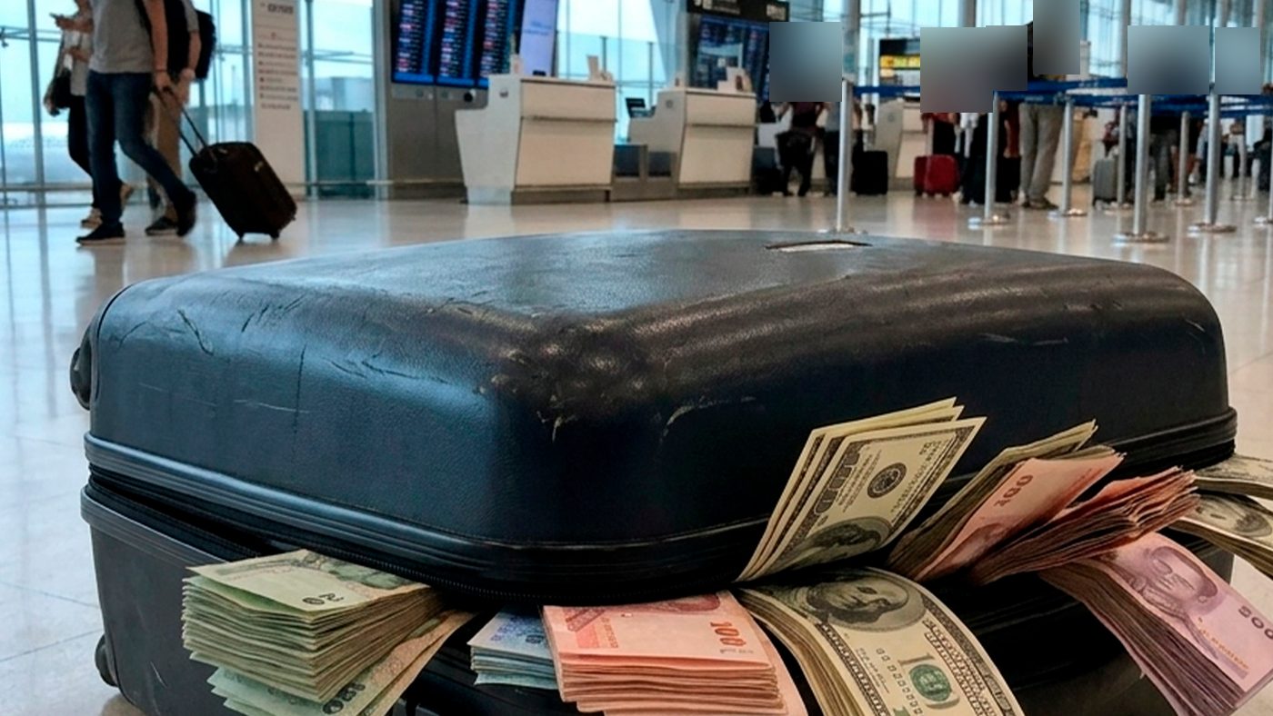 An opened case of bundled banknotes on the floor of an airport terminal